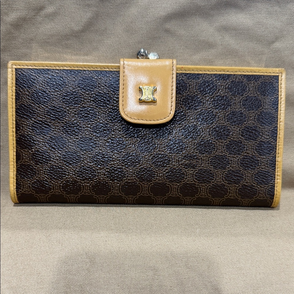 Celine Macadam kiss lock Brown and Tan Patterned Wallet. With C. O. A.